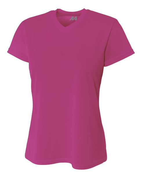 A4 Women's Short Sleeve V-Neck Birds Eye Mesh Tee (NW3254), Color 'Fuchsia'